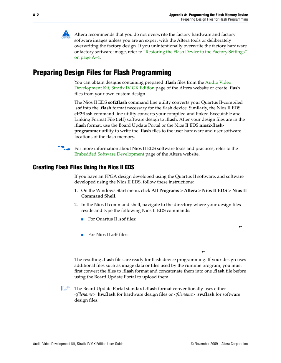 Preparing design files for flash programming, Creating flash files using the nios ii eds, Fer to | For informa | Altera Audio Video Development Kit, Stratix IV GX Edition User Manual | Page 52 / 58