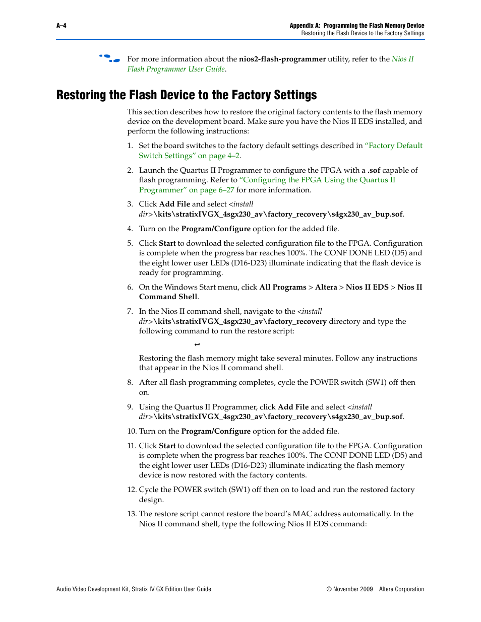 Restoring the flash device to the factory settings | Altera Audio Video Development Kit, Stratix IV GX Edition User Manual | Page 54 / 58