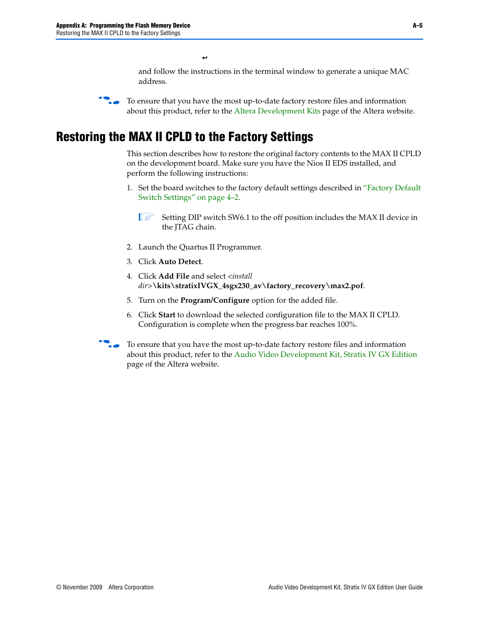 Restoring the max ii cpld to the factory settings | Altera Audio Video Development Kit, Stratix IV GX Edition User Manual | Page 55 / 58