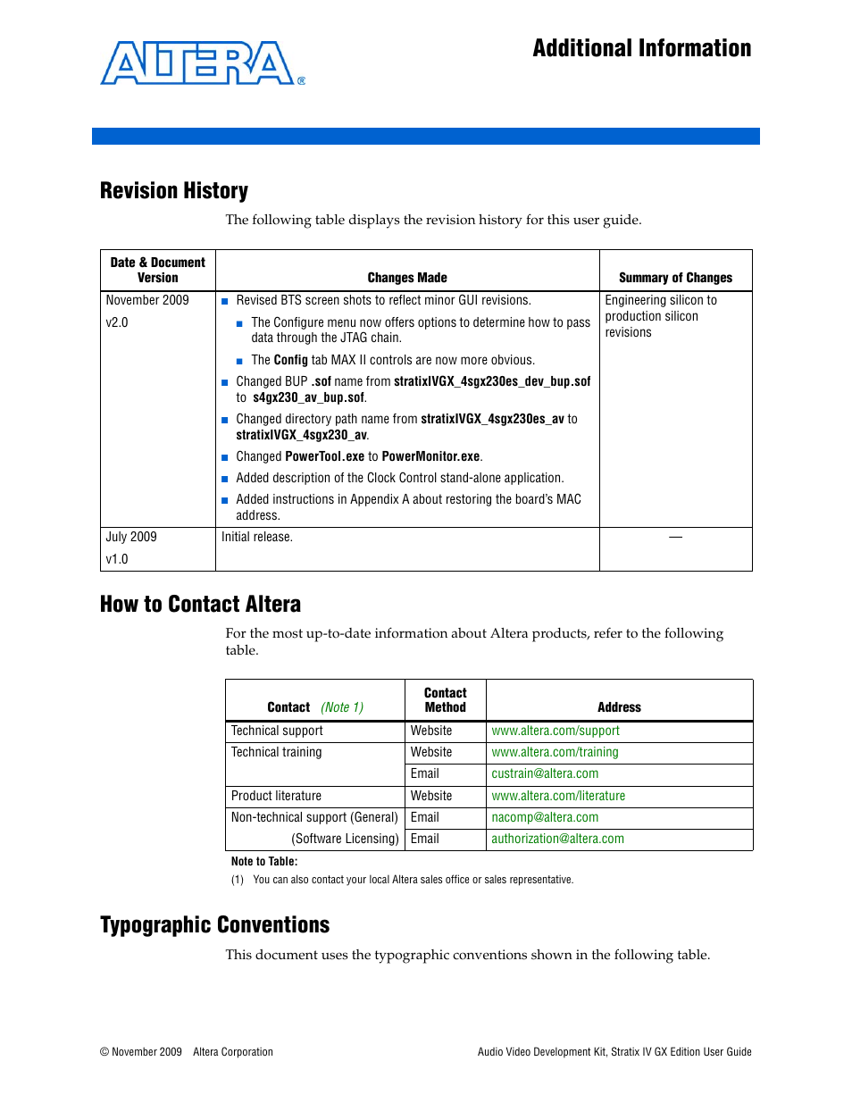 Additional information, Revision history, How to contact altera | Typographic conventions | Altera Audio Video Development Kit, Stratix IV GX Edition User Manual | Page 57 / 58