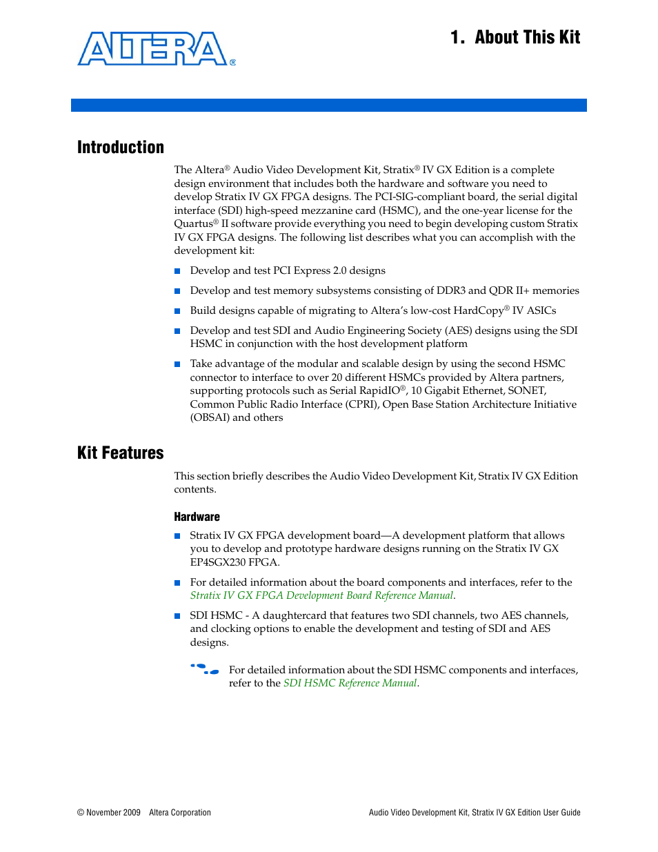 About this kit, Introduction, Kit features | Altera Audio Video Development Kit, Stratix IV GX Edition User Manual | Page 7 / 58