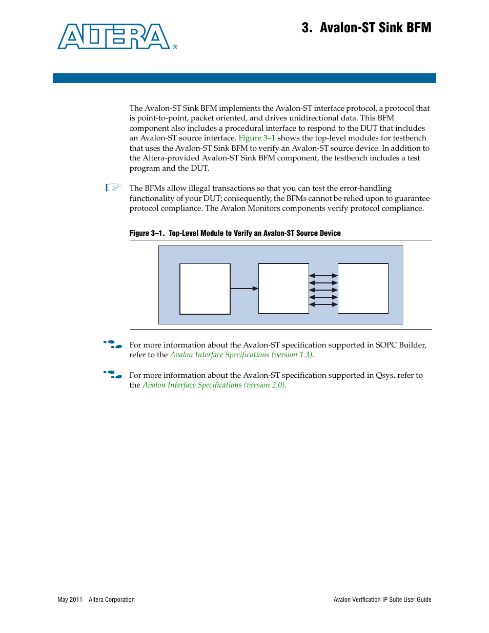 Avalon-st sink bfm, Chapter 3. avalon-st sink bfm, Chapter 3, avalon-st sink bfm | Altera Avalon Verification IP Suite User Manual | Page 101 / 178