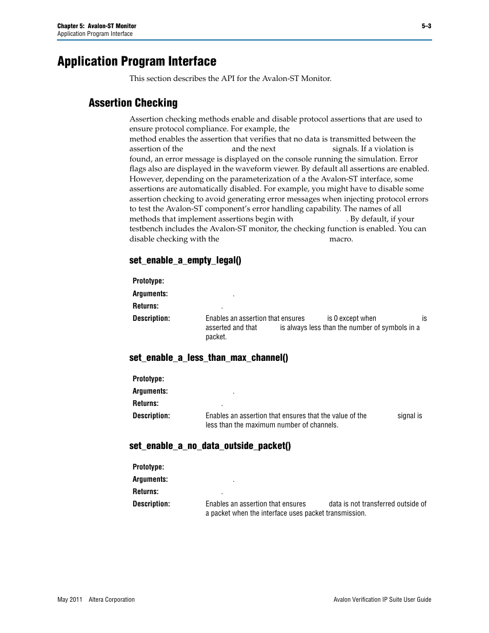 Application program interface, Assertion checking, Set_enable_a_empty_legal() | Set_enable_a_less_than_max_channel(), Set_enable_a_no_data_outside_packet(), Application program interface –3, Assertion checking –3 | Altera Avalon Verification IP Suite User Manual | Page 112 / 178