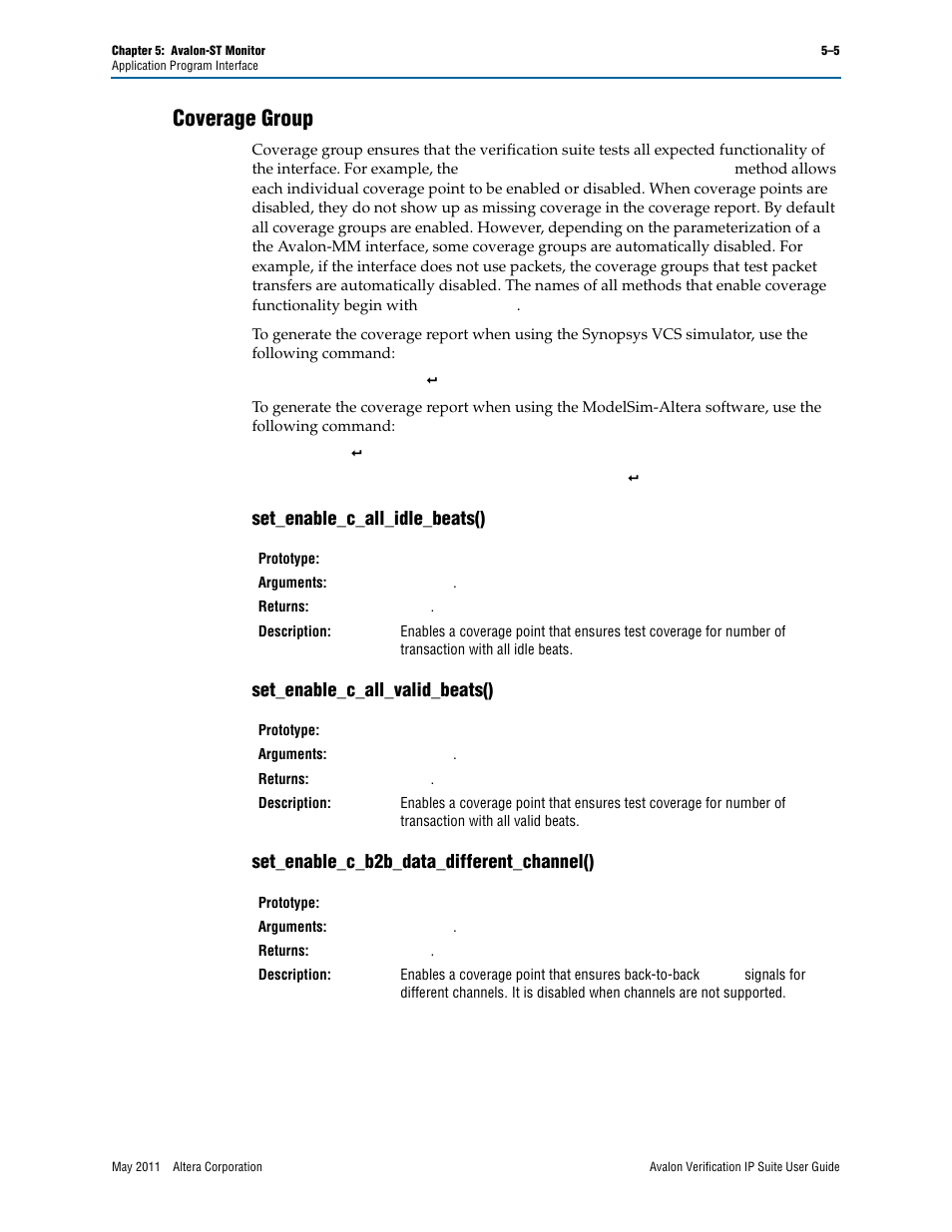 Coverage group, Set_enable_c_all_idle_beats(), Set_enable_c_all_valid_beats() | Set_enable_c_b2b_data_different_channel(), Coverage group –5 | Altera Avalon Verification IP Suite User Manual | Page 114 / 178