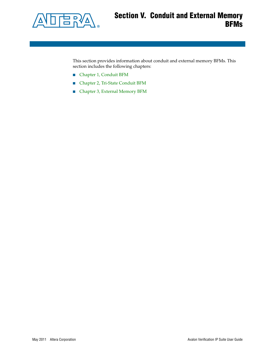 Section v. conduit and external memory bfms, Section v, conduit and external memory bfms | Altera Avalon Verification IP Suite User Manual | Page 123 / 178