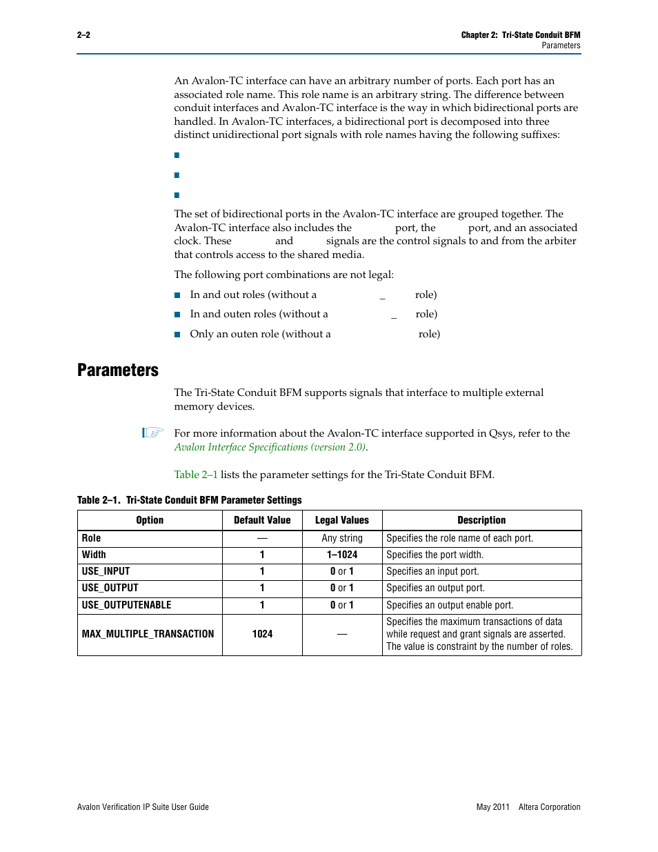 Parameters, Parameters –2 | Altera Avalon Verification IP Suite User Manual | Page 128 / 178