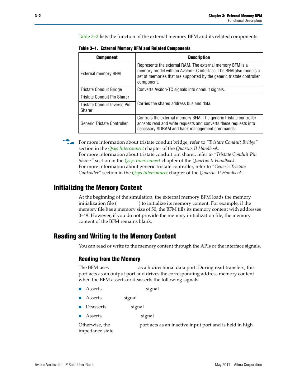 Initializing the memory content, Reading and writing to the memory content, Reading from the memory | Reading from the memory –2 | Altera Avalon Verification IP Suite User Manual | Page 134 / 178