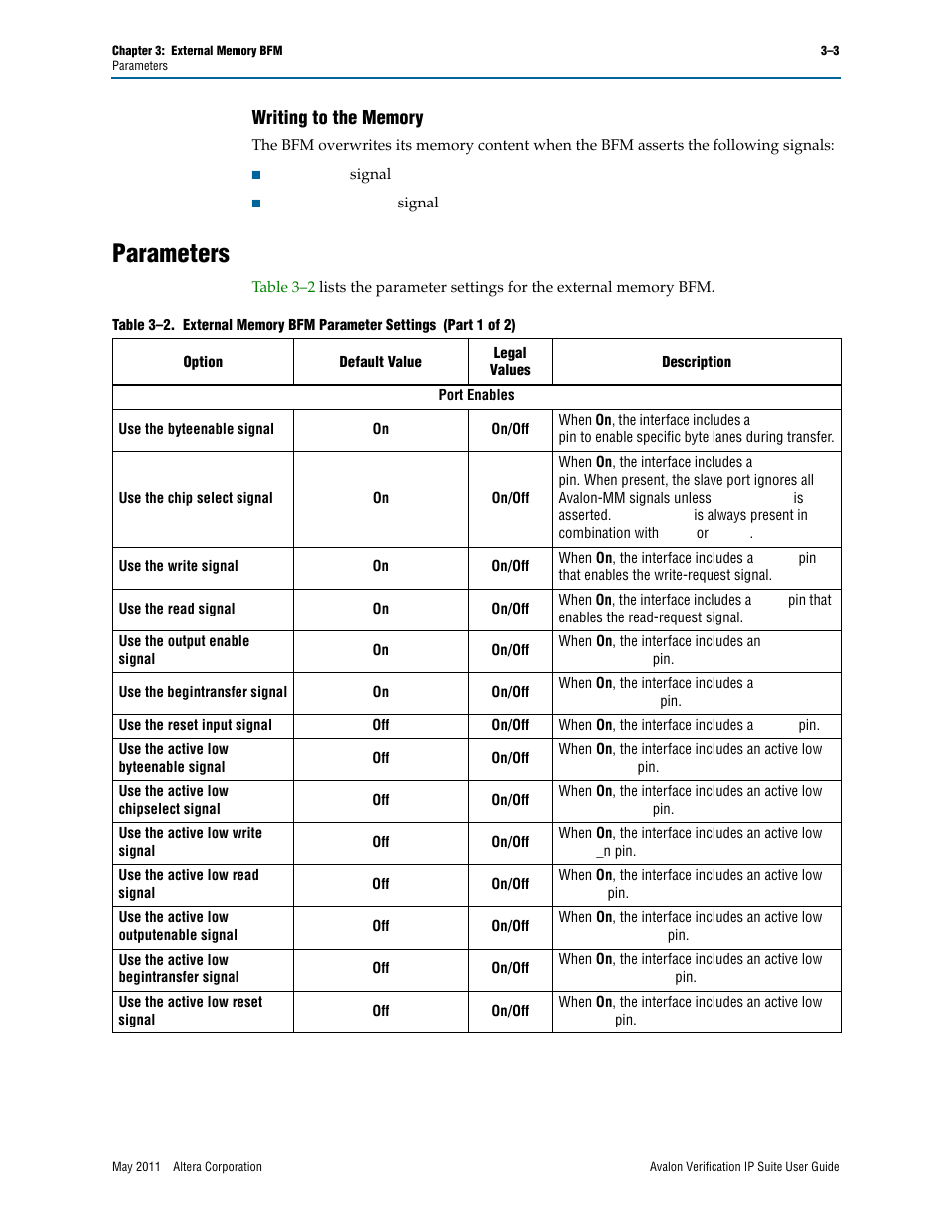 Writing to the memory, Parameters, Writing to the memory –3 | Parameters –3 | Altera Avalon Verification IP Suite User Manual | Page 135 / 178