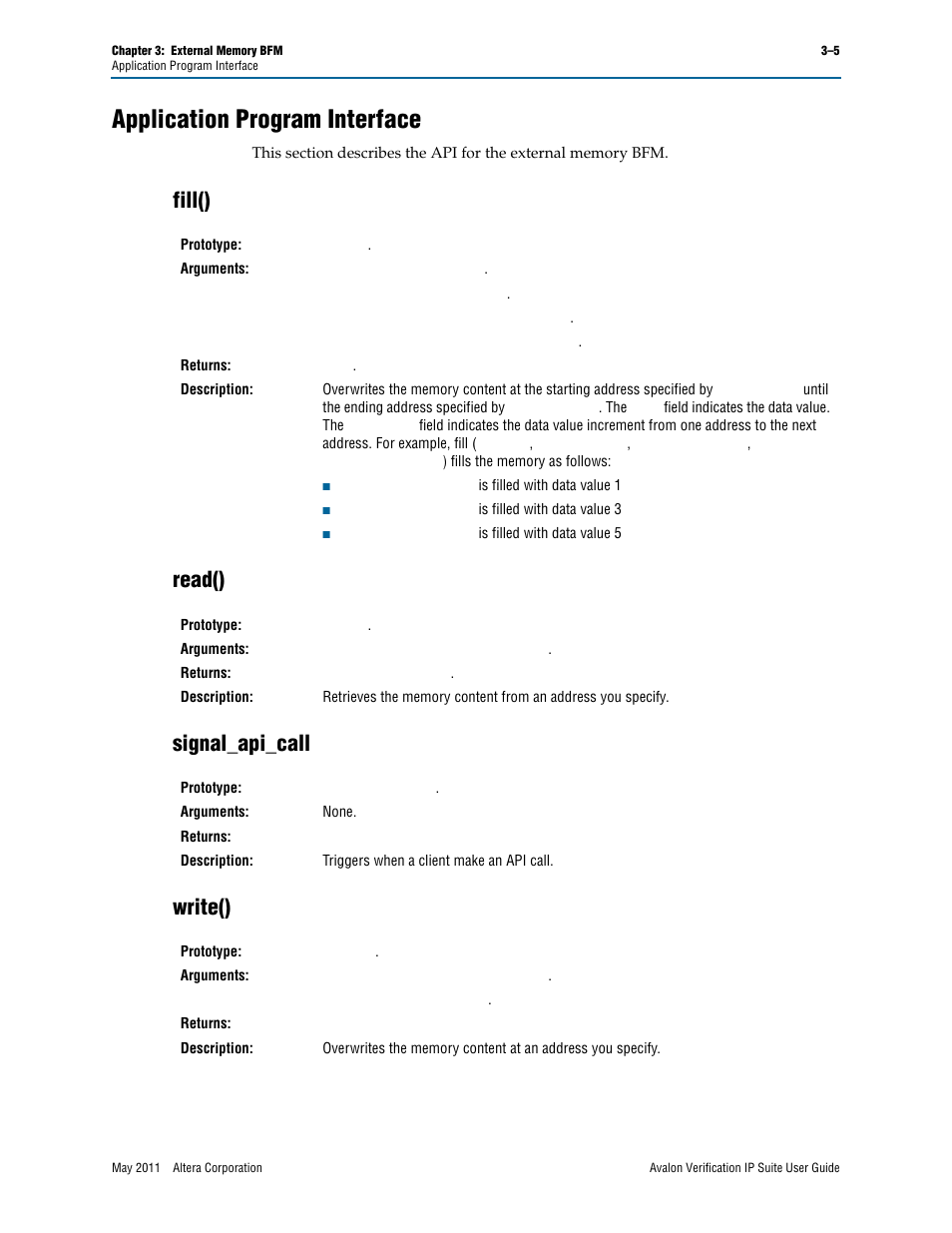 Application program interface, Fill(), Read() | Signal_api_call, Write(), Application program interface –5, Fill() –5 read() –5 signal_api_call –5 write() –5, Fill() read() signal_api_call write() | Altera Avalon Verification IP Suite User Manual | Page 137 / 178