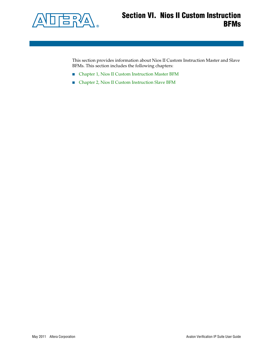 Section vi. nios ii custom instruction bfms, Section vi, nios ii custom instruction bfms | Altera Avalon Verification IP Suite User Manual | Page 138 / 178