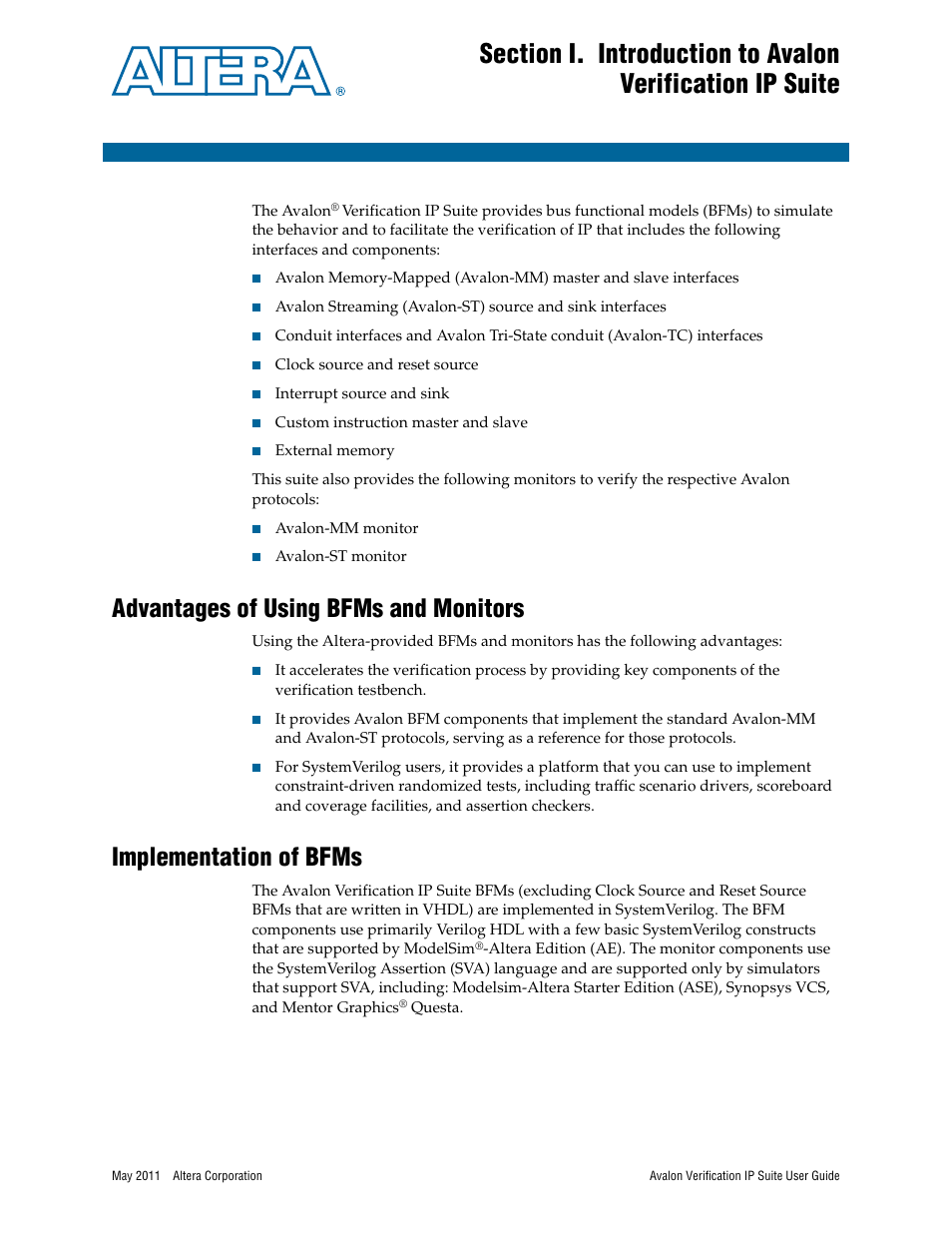 Advantages of using bfms and monitors, Implementation of bfms | Altera Avalon Verification IP Suite User Manual | Page 14 / 178