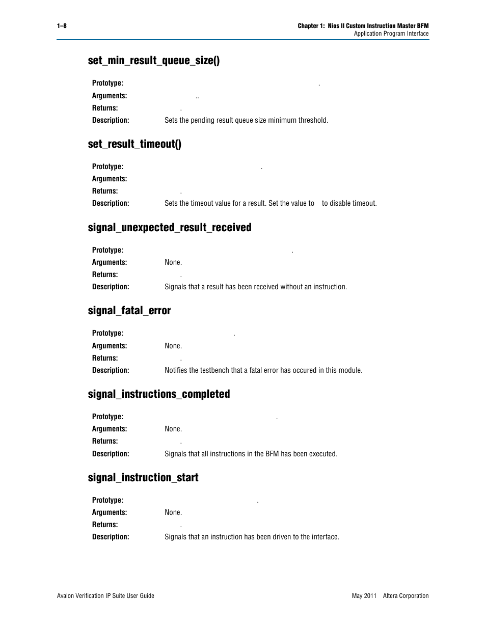 Set_min_result_queue_size(), Set_result_timeout(), Signal_unexpected_result_received | Signal_fatal_error, Signal_instructions_completed, Signal_instruction_start | Altera Avalon Verification IP Suite User Manual | Page 146 / 178