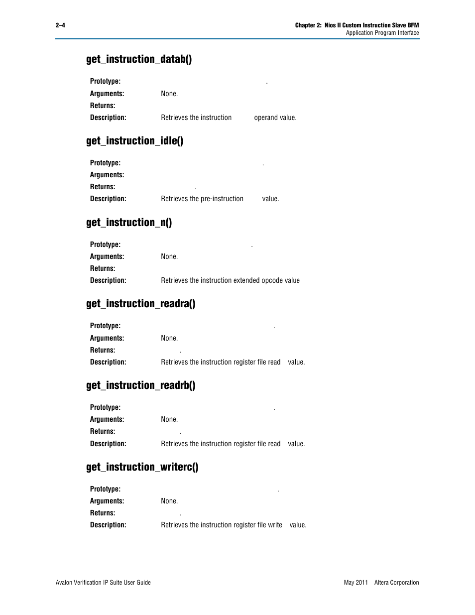 Get_instruction_datab(), Get_instruction_idle(), Get_instruction_n() | Get_instruction_readra(), Get_instruction_readrb(), Get_instruction_writerc() | Altera Avalon Verification IP Suite User Manual | Page 151 / 178