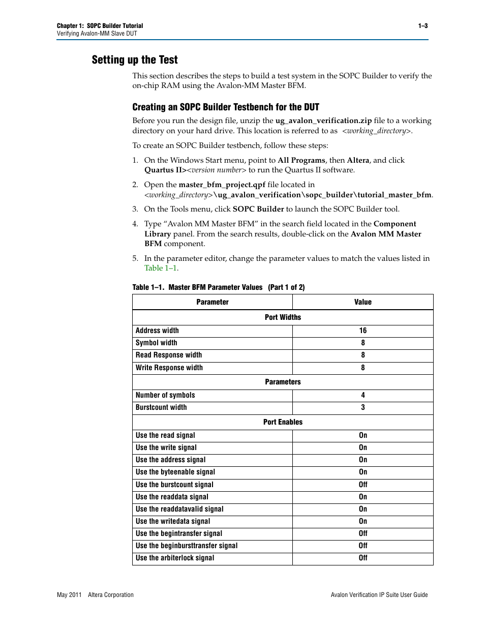 Setting up the test, Creating an sopc builder testbench for the dut, Setting up the test –3 | Creating an sopc builder testbench for the dut –3 | Altera Avalon Verification IP Suite User Manual | Page 159 / 178