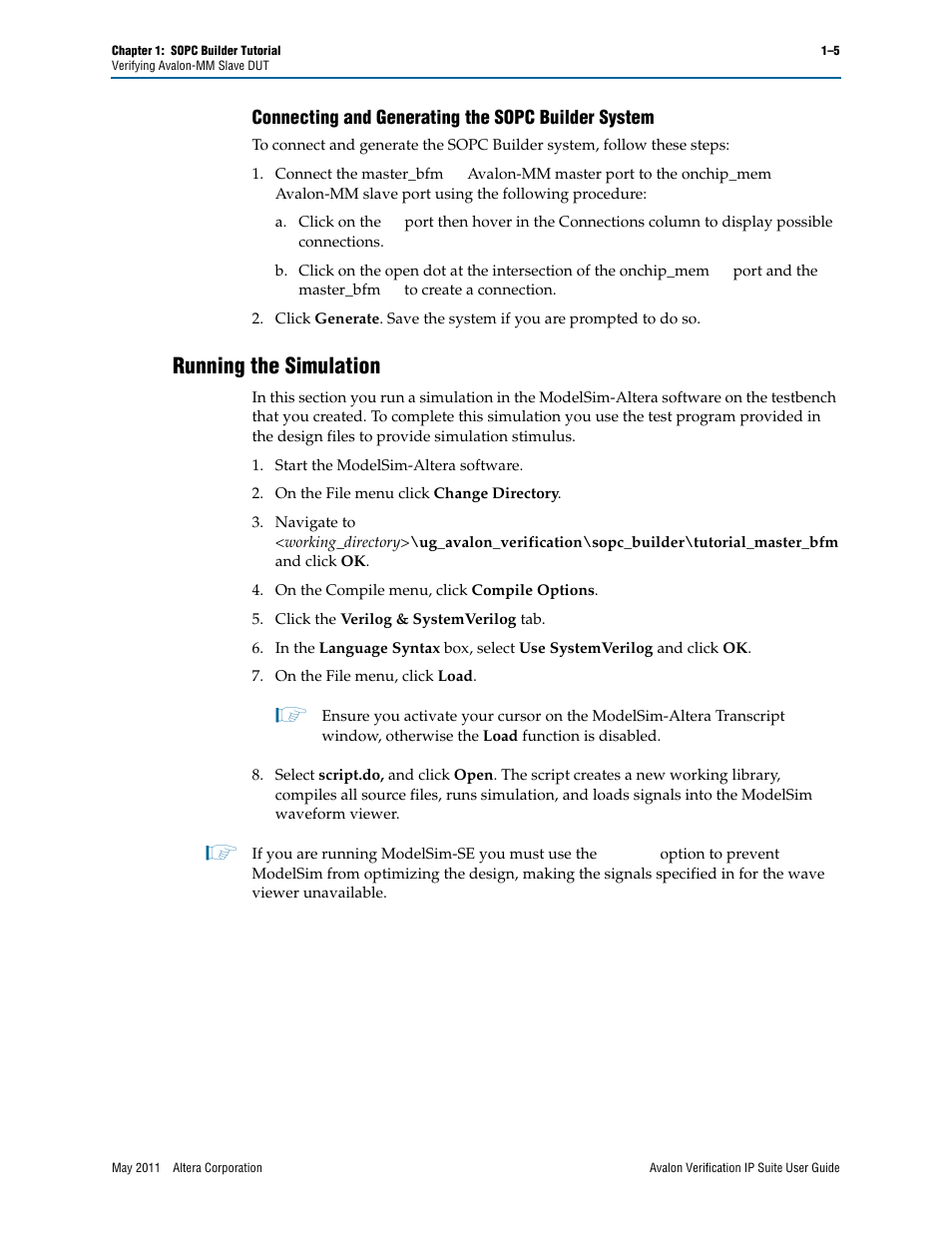 Connecting and generating the sopc builder system, Running the simulation, Running the simulation –5 | Altera Avalon Verification IP Suite User Manual | Page 161 / 178