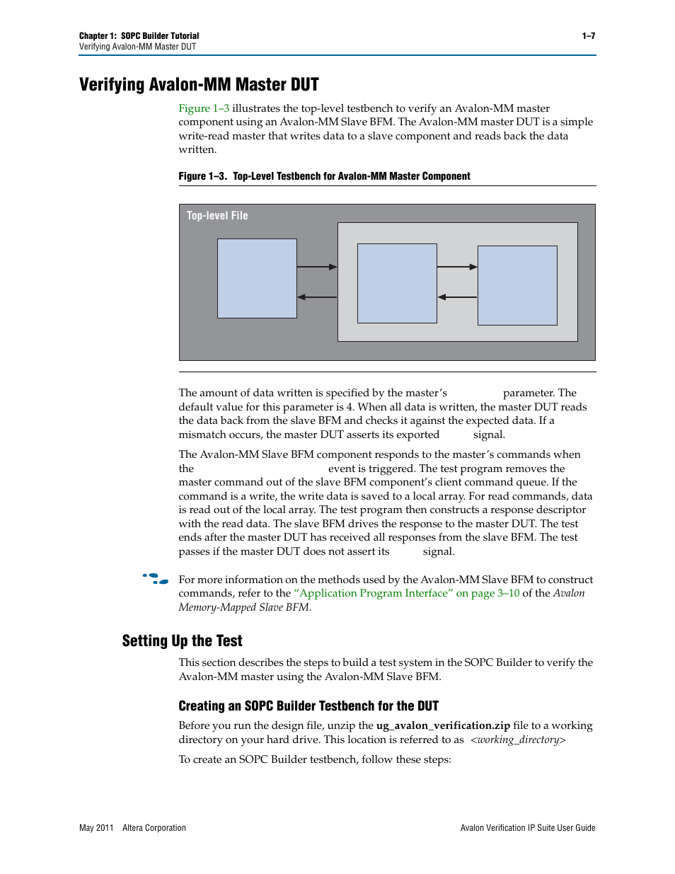 Verifying avalon-mm master dut, Setting up the test, Creating an sopc builder testbench for the dut | Verifying avalon-mm master dut –7, Setting up the test –7, Creating an sopc builder testbench for the dut –7 | Altera Avalon Verification IP Suite User Manual | Page 163 / 178