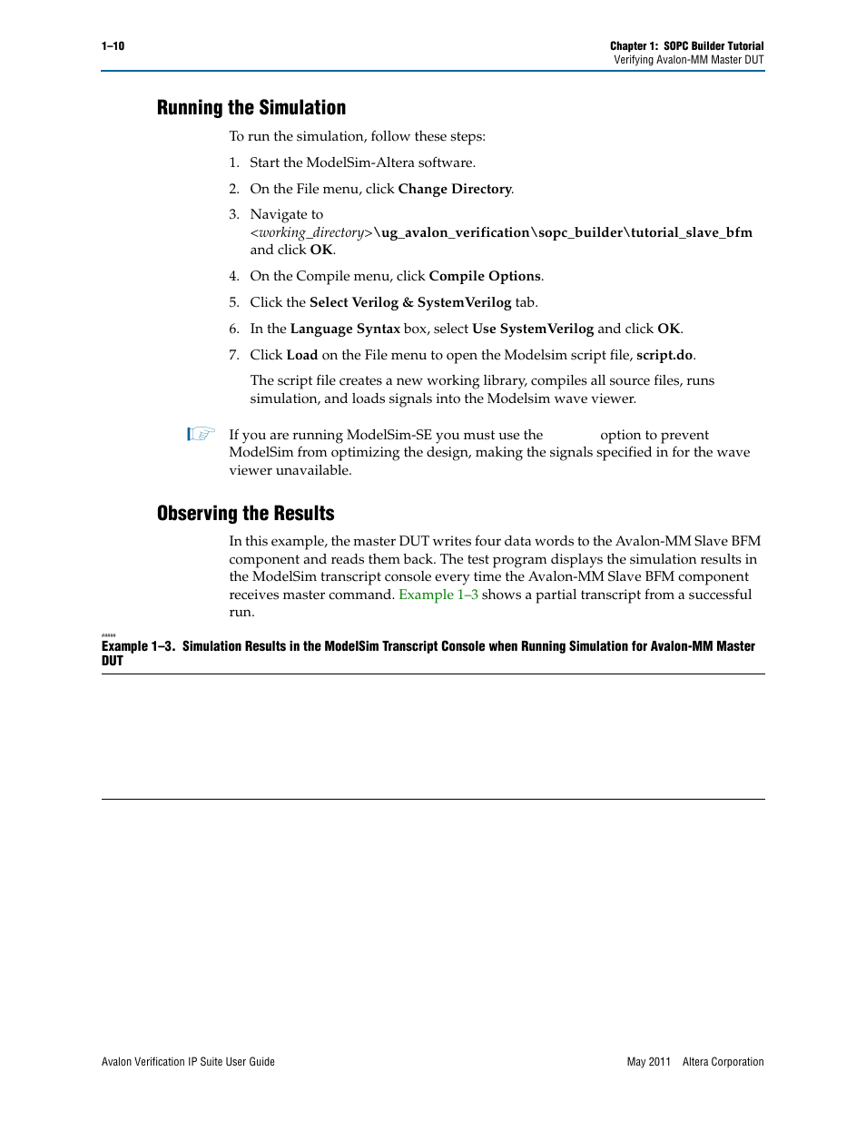 Running the simulation, Observing the results | Altera Avalon Verification IP Suite User Manual | Page 166 / 178
