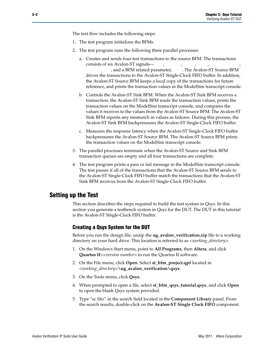 Setting up the test, Creating a qsys system for the dut, Setting up the test –2 | Creating a qsys system for the dut –2 | Altera Avalon Verification IP Suite User Manual | Page 169 / 178
