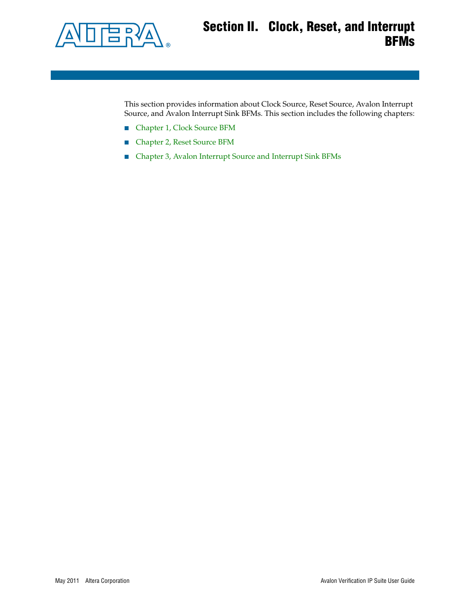 Section ii. clock, reset, and interrupt bfms, Section ii, clock, reset, and interrupt bfms | Altera Avalon Verification IP Suite User Manual | Page 17 / 178