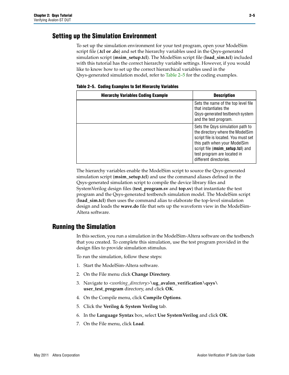 Setting up the simulation environment, Running the simulation | Altera Avalon Verification IP Suite User Manual | Page 172 / 178