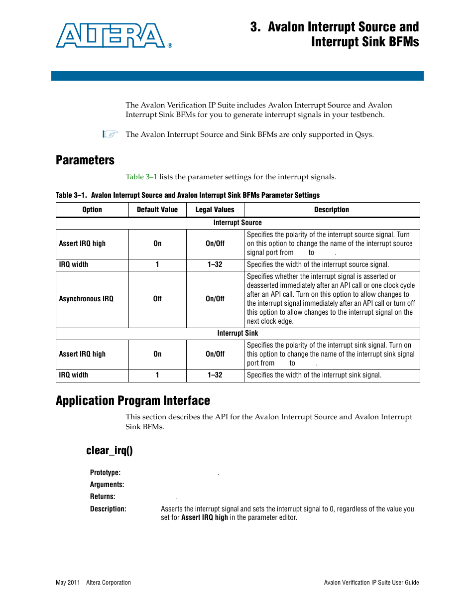 Avalon interrupt source and interrupt sink bfms, Parameters, Application program interface | Clear_irq(), Parameters –1 application program interface –1, Clear_irq() –1 | Altera Avalon Verification IP Suite User Manual | Page 21 / 178