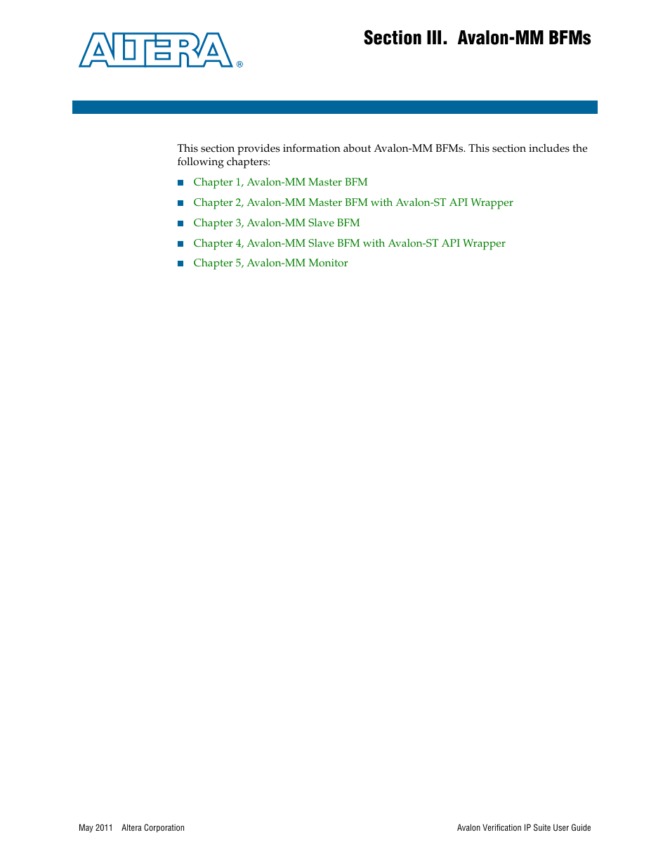 Section iii. avalon-mm bfms, Section iii, avalon-mm bfms | Altera Avalon Verification IP Suite User Manual | Page 23 / 178