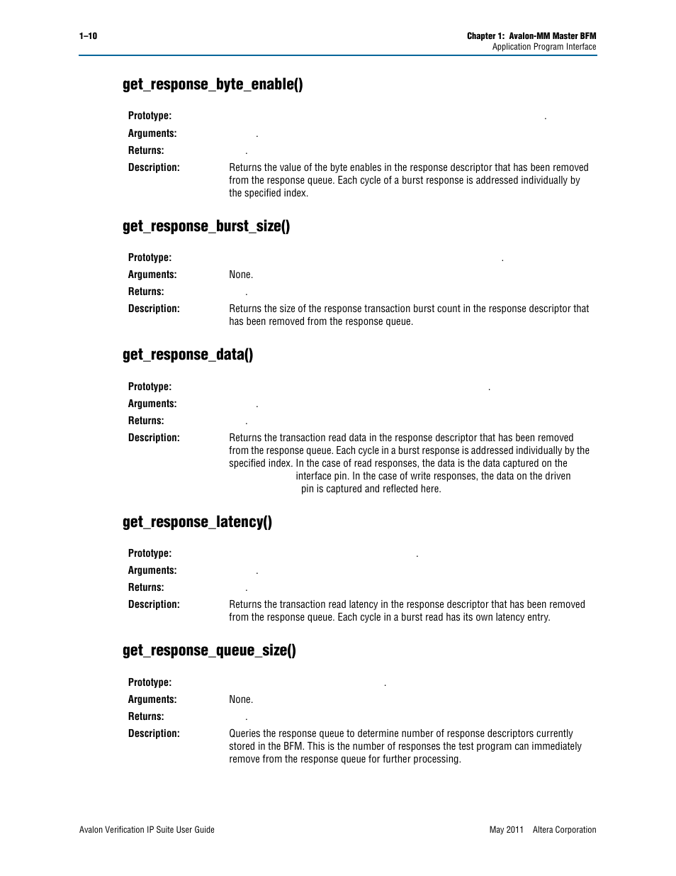 Get_response_byte_enable(), Get_response_burst_size(), Get_response_data() | Get_response_latency(), Get_response_queue_size() | Altera Avalon Verification IP Suite User Manual | Page 33 / 178