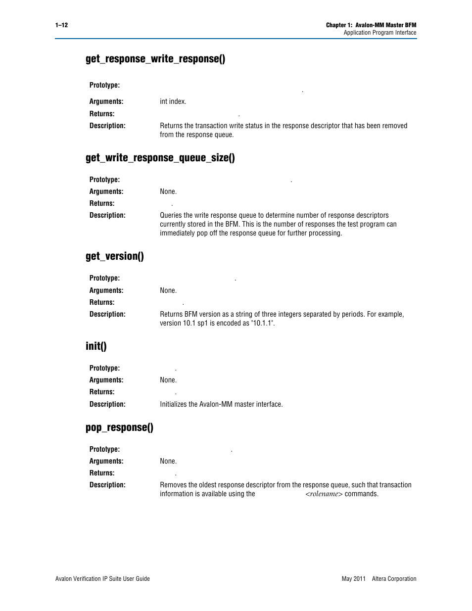 Get_response_write_response(), Get_write_response_queue_size(), Get_version() | Init(), Pop_response() | Altera Avalon Verification IP Suite User Manual | Page 35 / 178