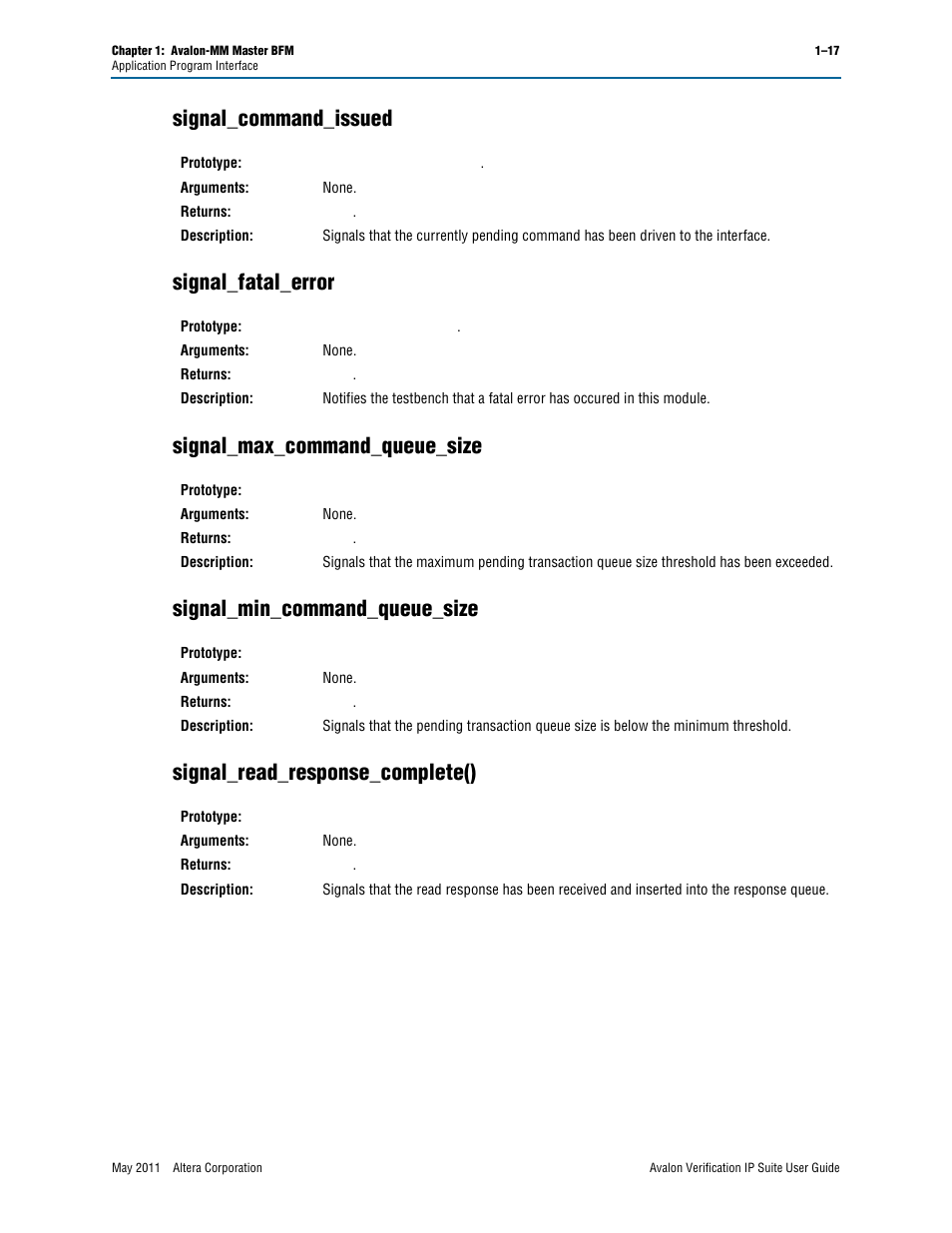 Signal_command_issued, Signal_fatal_error, Signal_max_command_queue_size | Signal_min_command_queue_size, Signal_read_response_complete() | Altera Avalon Verification IP Suite User Manual | Page 40 / 178