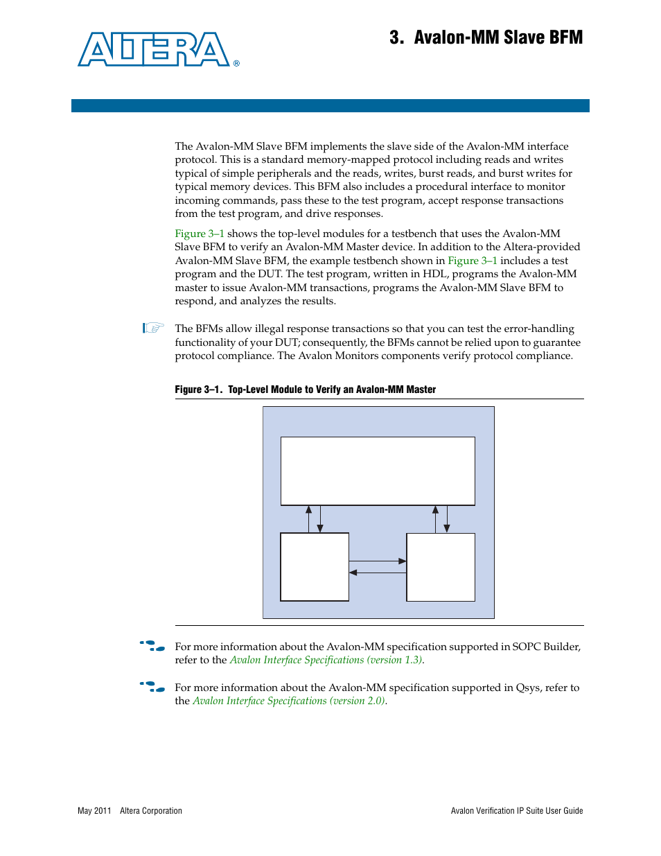 Avalon-mm slave bfm, Chapter 3. avalon-mm slave bfm, Chapter 3, avalon-mm slave bfm | Altera Avalon Verification IP Suite User Manual | Page 44 / 178