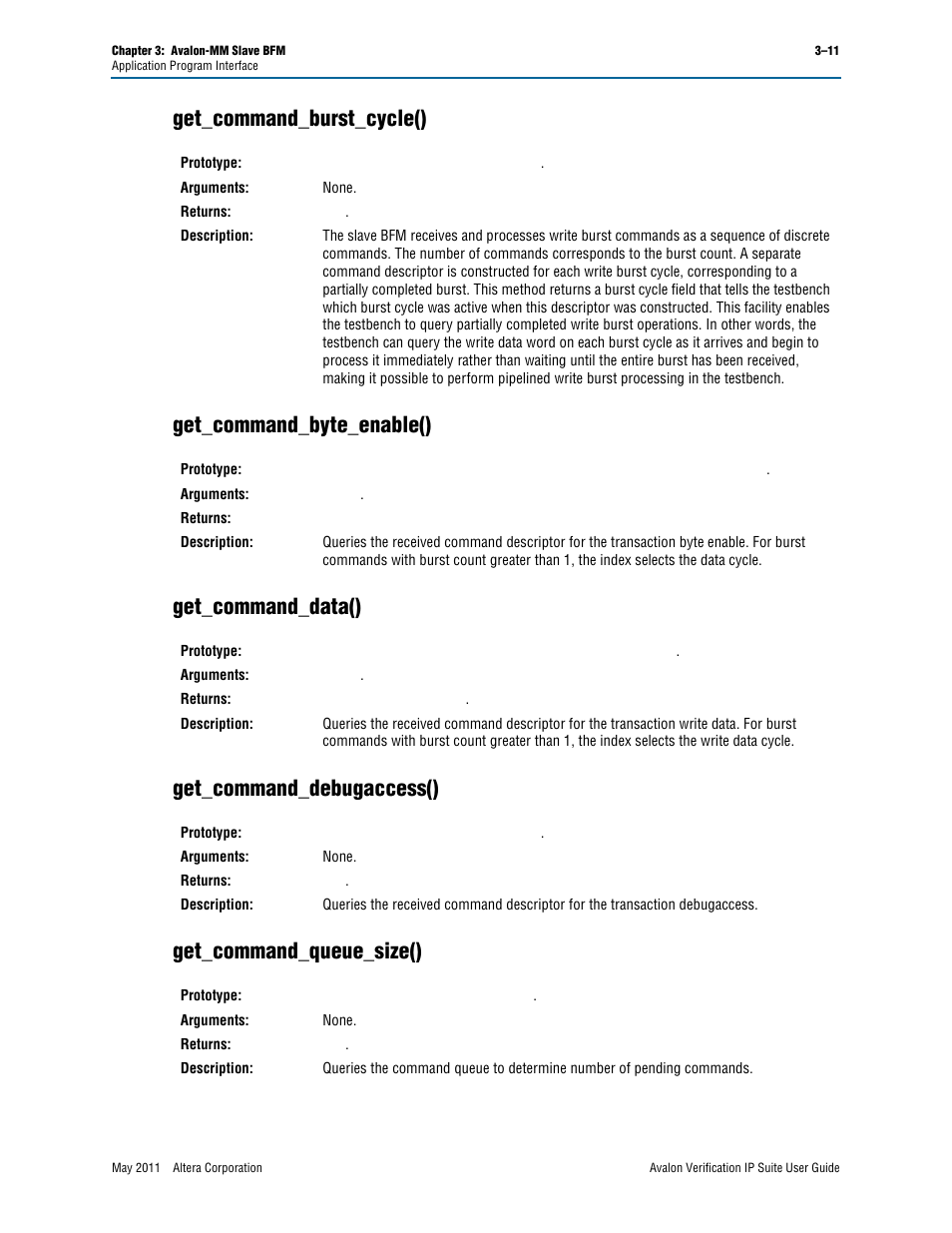Get_command_burst_cycle(), Get_command_byte_enable(), Get_command_data() | Get_command_debugaccess(), Get_command_queue_size() | Altera Avalon Verification IP Suite User Manual | Page 54 / 178