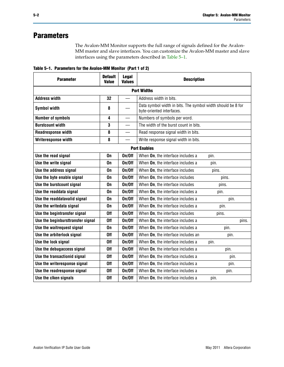 Parameters, Parameters –2 | Altera Avalon Verification IP Suite User Manual | Page 65 / 178