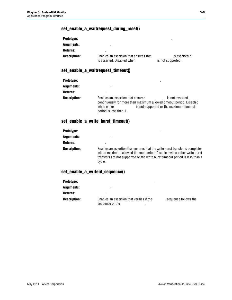 Set_enable_a_waitrequest_during_reset(), Set_enable_a_waitrequest_timeout(), Set_enable_a_write_burst_timeout() | Set_enable_a_writeid_sequence() | Altera Avalon Verification IP Suite User Manual | Page 72 / 178