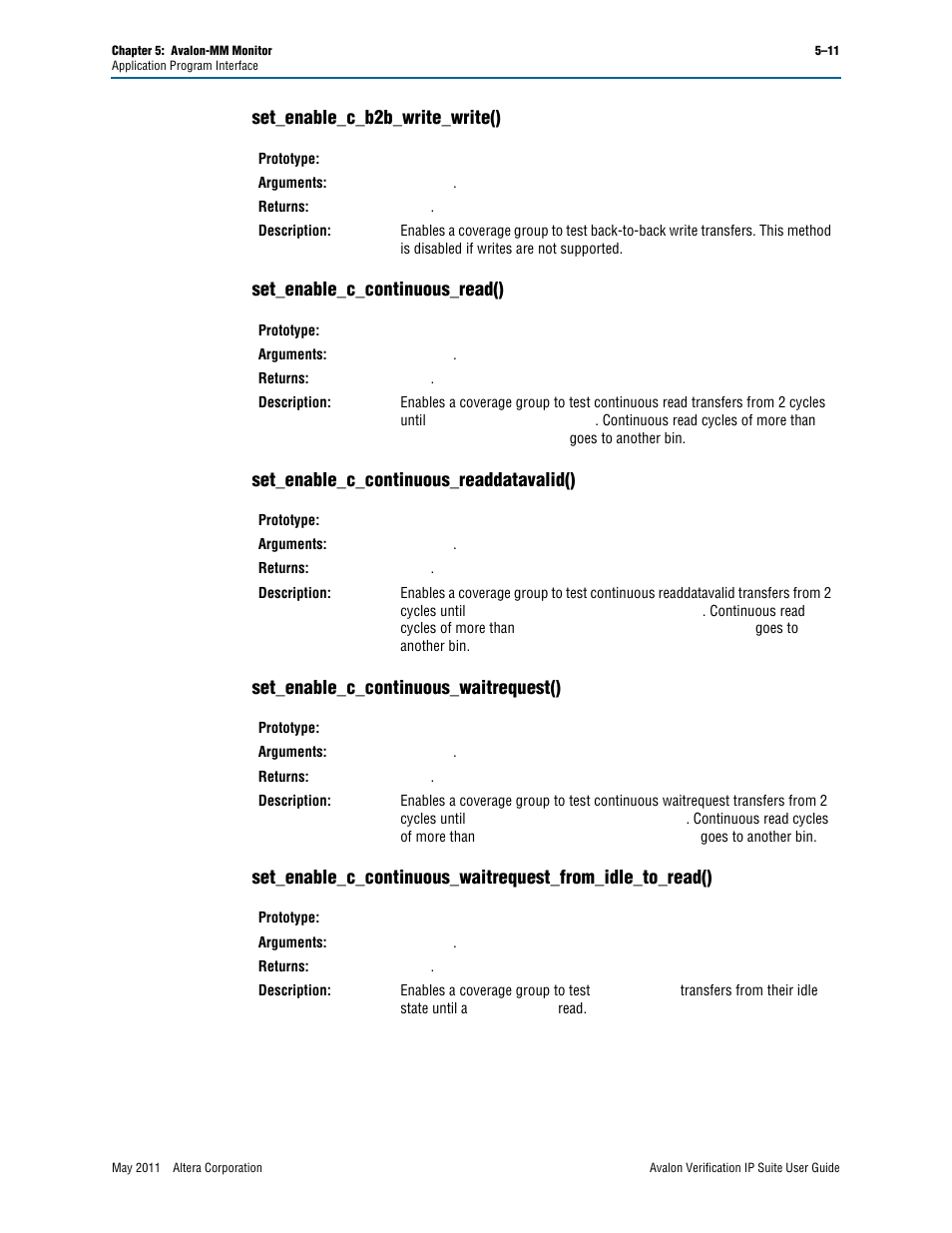 Set_enable_c_b2b_write_write(), Set_enable_c_continuous_read(), Set_enable_c_continuous_readdatavalid() | Set_enable_c_continuous_waitrequest() | Altera Avalon Verification IP Suite User Manual | Page 74 / 178