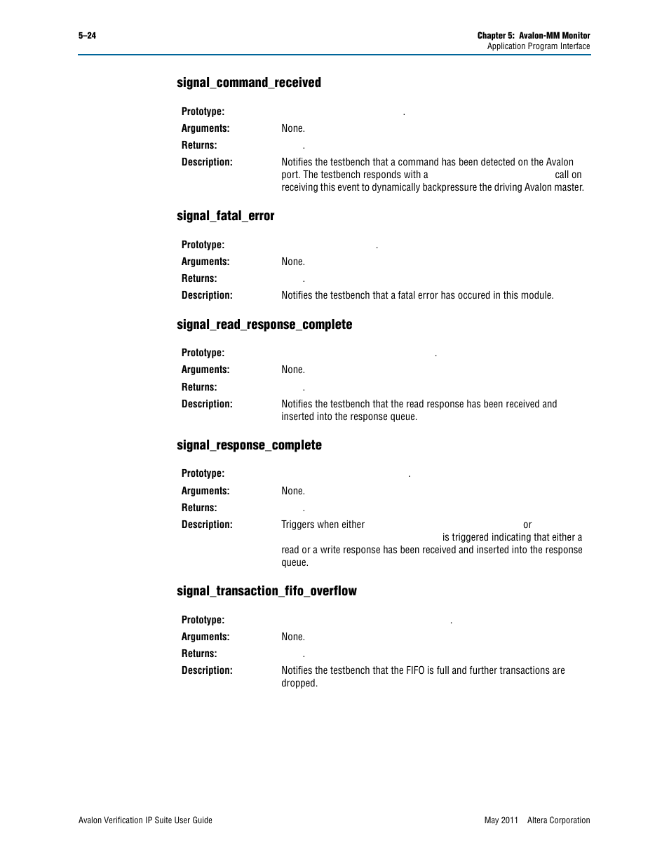 Signal_command_received, Signal_fatal_error, Signal_read_response_complete | Signal_response_complete, Signal_transaction_fifo_overflow | Altera Avalon Verification IP Suite User Manual | Page 87 / 178