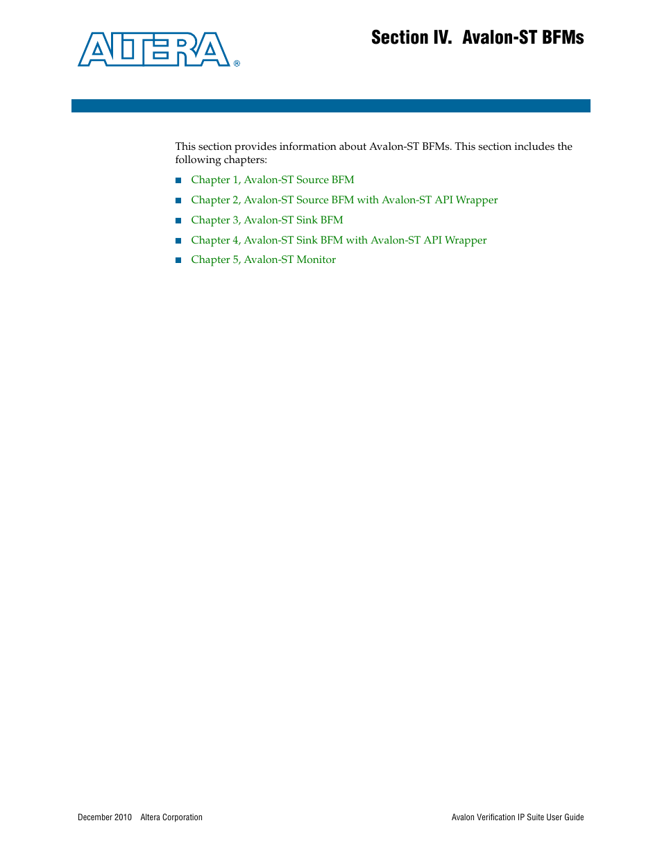 Section iv. avalon-st bfms, Section iv, avalon-st bfms | Altera Avalon Verification IP Suite User Manual | Page 89 / 178