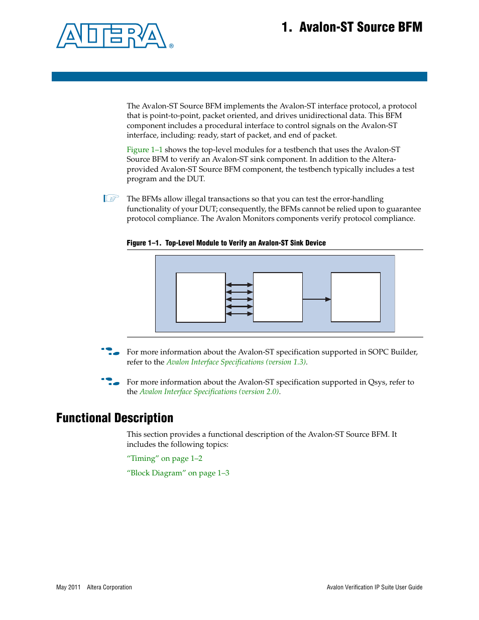 Avalon-st source bfm, Functional description, Chapter 1. avalon-st source bfm | Functional description –1, Chapter 1, avalon-st source bfm | Altera Avalon Verification IP Suite User Manual | Page 90 / 178
