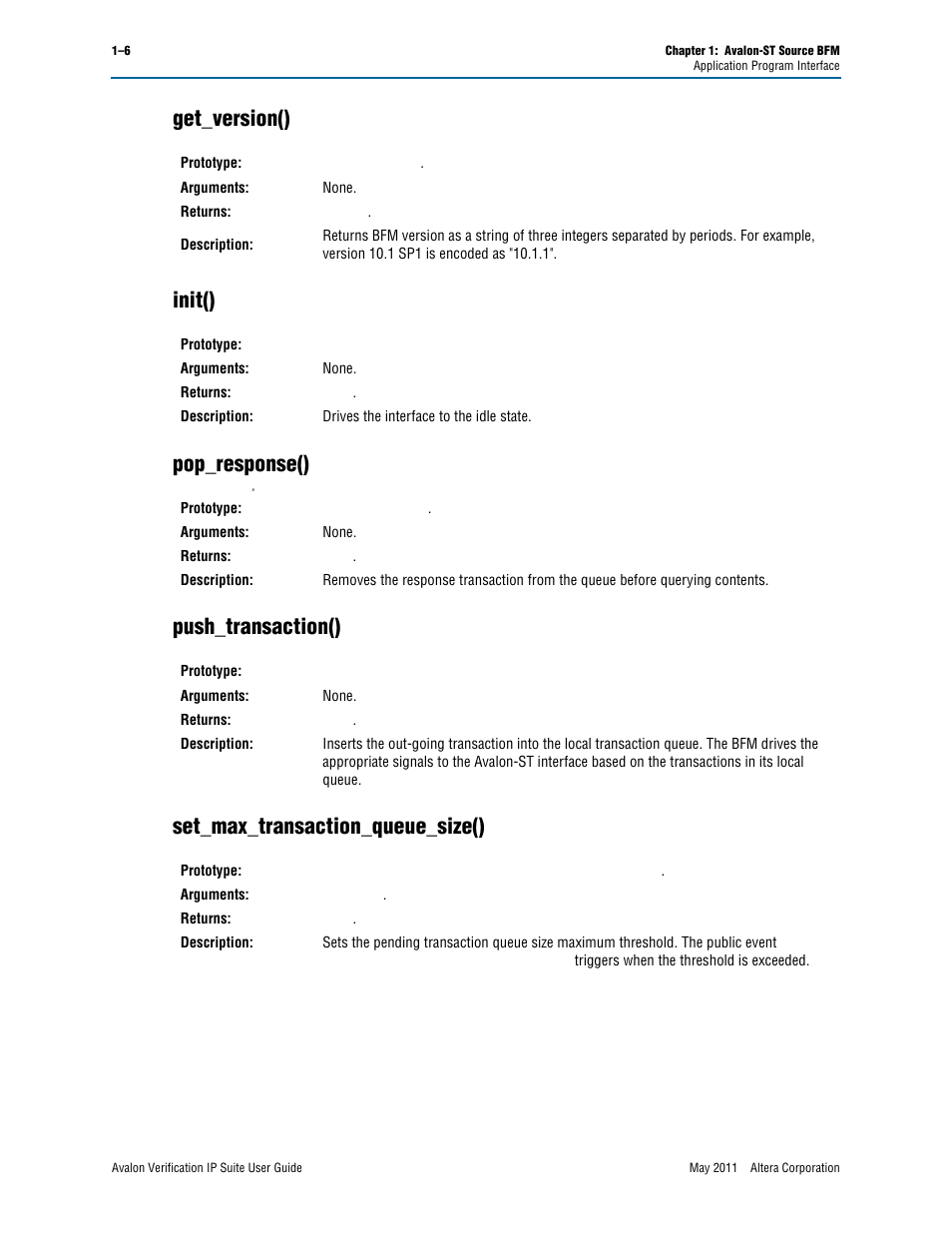 Get_version(), Init(), Pop_response() | Push_transaction(), Set_max_transaction_queue_size(), Get_version() init() pop_response() | Altera Avalon Verification IP Suite User Manual | Page 95 / 178