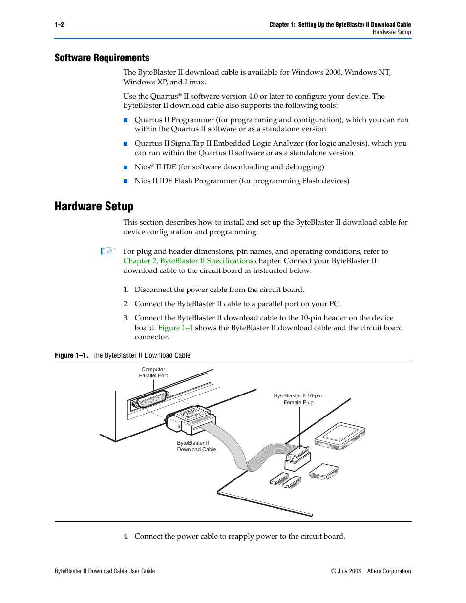 Software requirements, Hardware setup, Software requirements –2 | Hardware setup –2, Figure 1–1: the byteblaster ii download cable -2 | Altera ByteBlaster II User Manual | Page 10 / 26