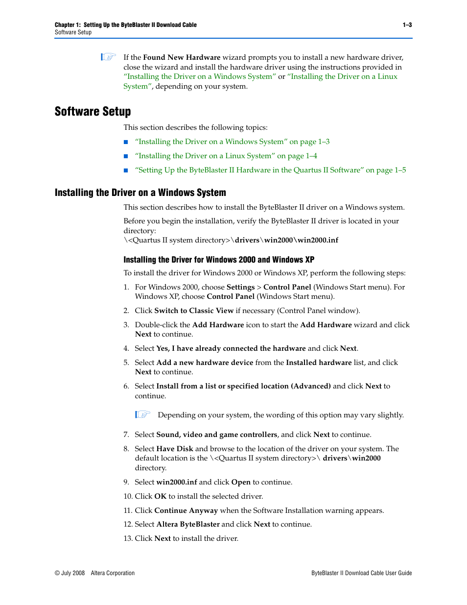 Software setup, Installing the driver on a windows system, Software setup –3 | Installing the driver on a windows system –3 | Altera ByteBlaster II User Manual | Page 11 / 26