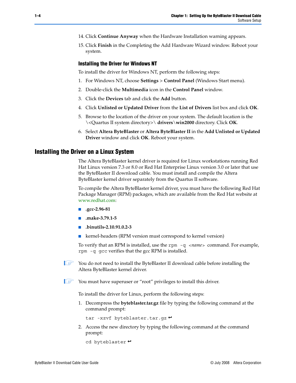 Installing the driver on a linux system, Installing the driver on a linux system –4, Installing the driver on a linux | System | Altera ByteBlaster II User Manual | Page 12 / 26