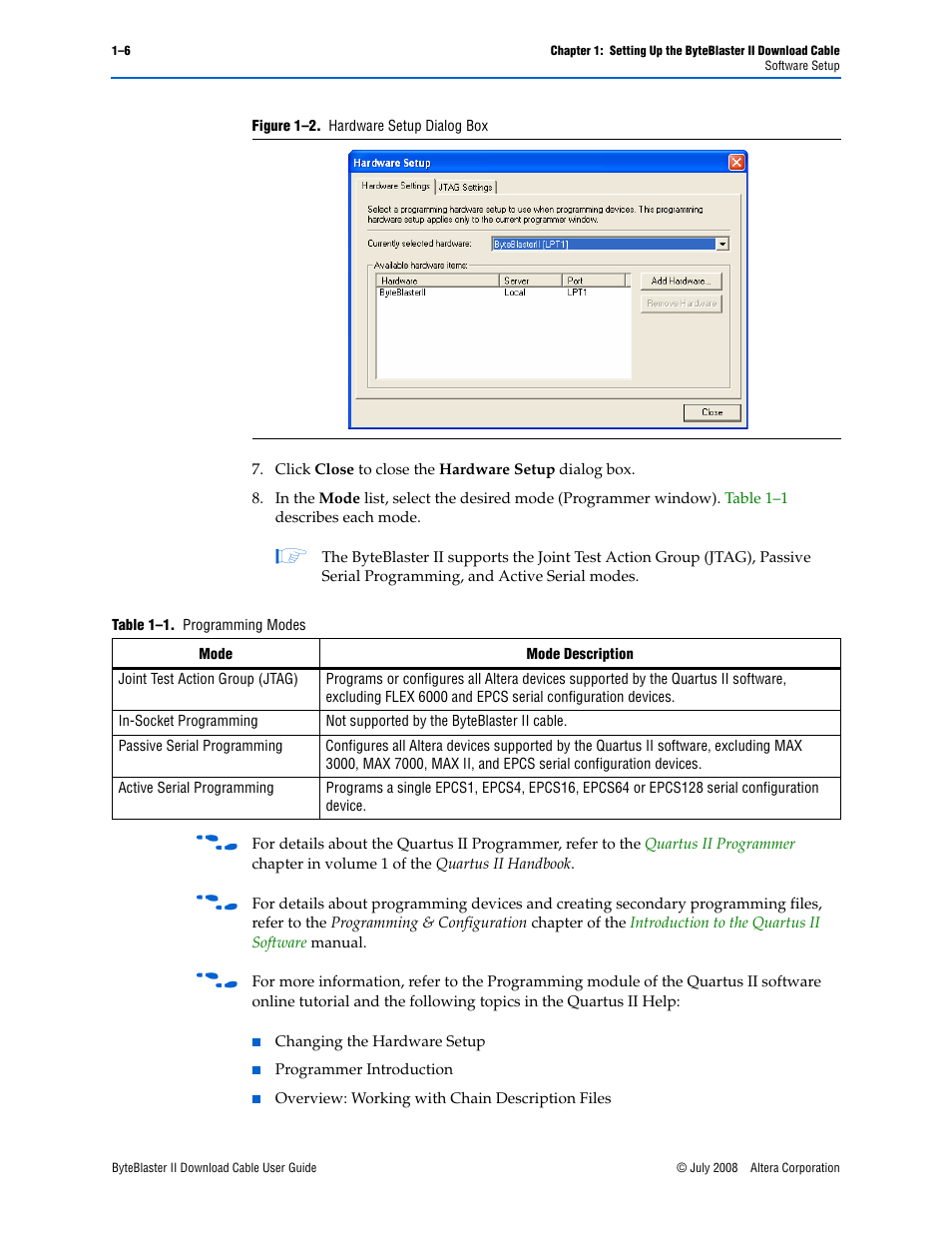 Figure 1–2: hardware setup dialog box -6, Table 1–1: programming modes -6 | Altera ByteBlaster II User Manual | Page 14 / 26