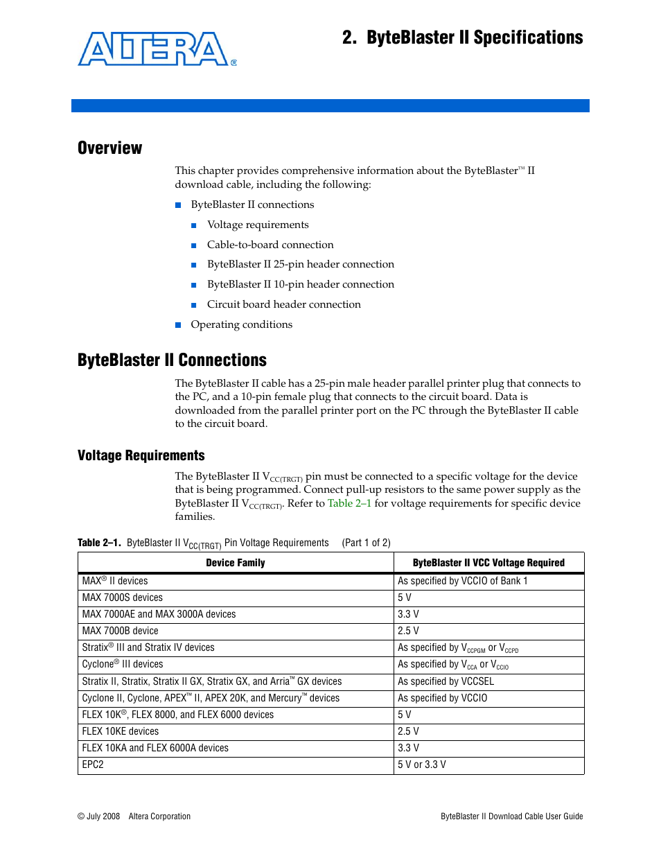 Byteblaster ii specifications, Overview, Byteblaster ii connections | Voltage requirements, Chapter 2. byteblaster ii specifications, Overview –1 byteblaster ii connections –1, Voltage requirements –1, Table 2–1: byteblaster ii vcc(trgt) pin, Chapter 2, byteblaster ii specifications | Altera ByteBlaster II User Manual | Page 17 / 26