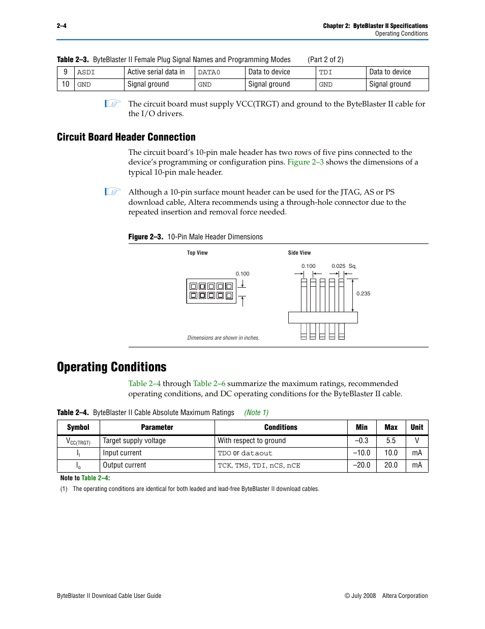 Circuit board header connection, Operating conditions, Circuit board header connection –4 | Operating conditions –4, Figure 2–3: 10-pin male header dimensions -4 | Altera ByteBlaster II User Manual | Page 20 / 26