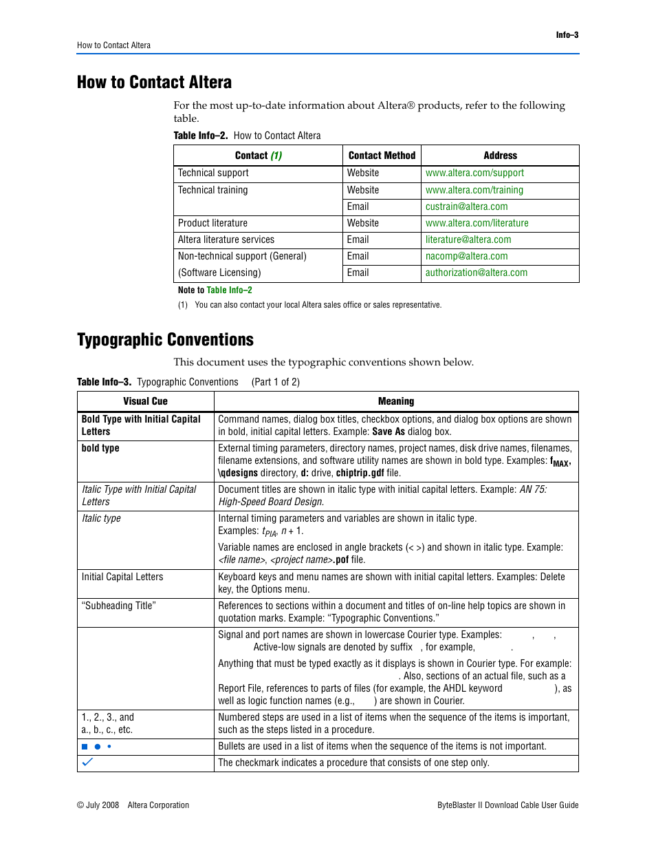 How to contact altera, Typographic conventions | Altera ByteBlaster II User Manual | Page 25 / 26