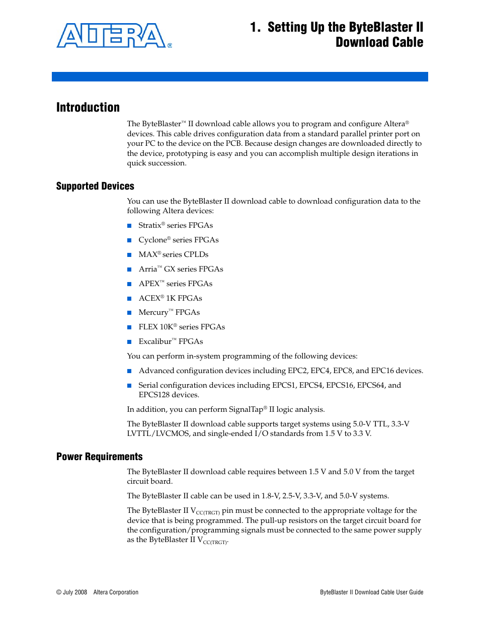 Setting up the byteblaster ii download cable, Introduction, Supported devices | Power requirements, Introduction –1, Supported devices –1 power requirements –1 | Altera ByteBlaster II User Manual | Page 9 / 26