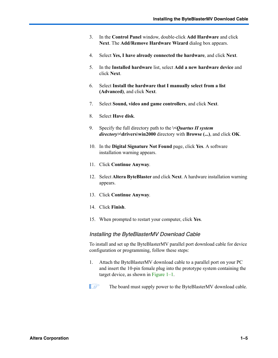 Installing the byteblastermv download cable | Altera ByteBlasterMV User Manual | Page 13 / 26