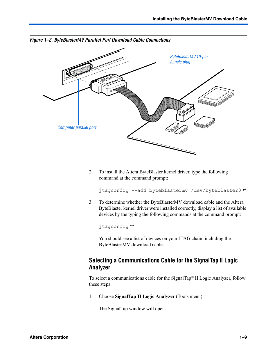 Selecting a communications cable for the signaltap, Ii logic analyzer | Altera ByteBlasterMV User Manual | Page 17 / 26
