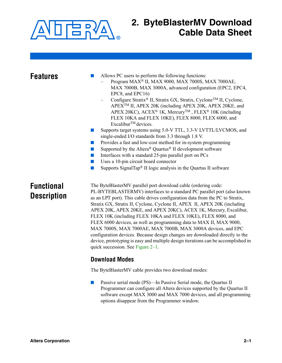 Byteblastermv download cable data sheet, Features, Functional description | Download modes, Chapter 2. byteblastermv download cable data sheet, Features –1 functional description –1 | Altera ByteBlasterMV User Manual | Page 19 / 26