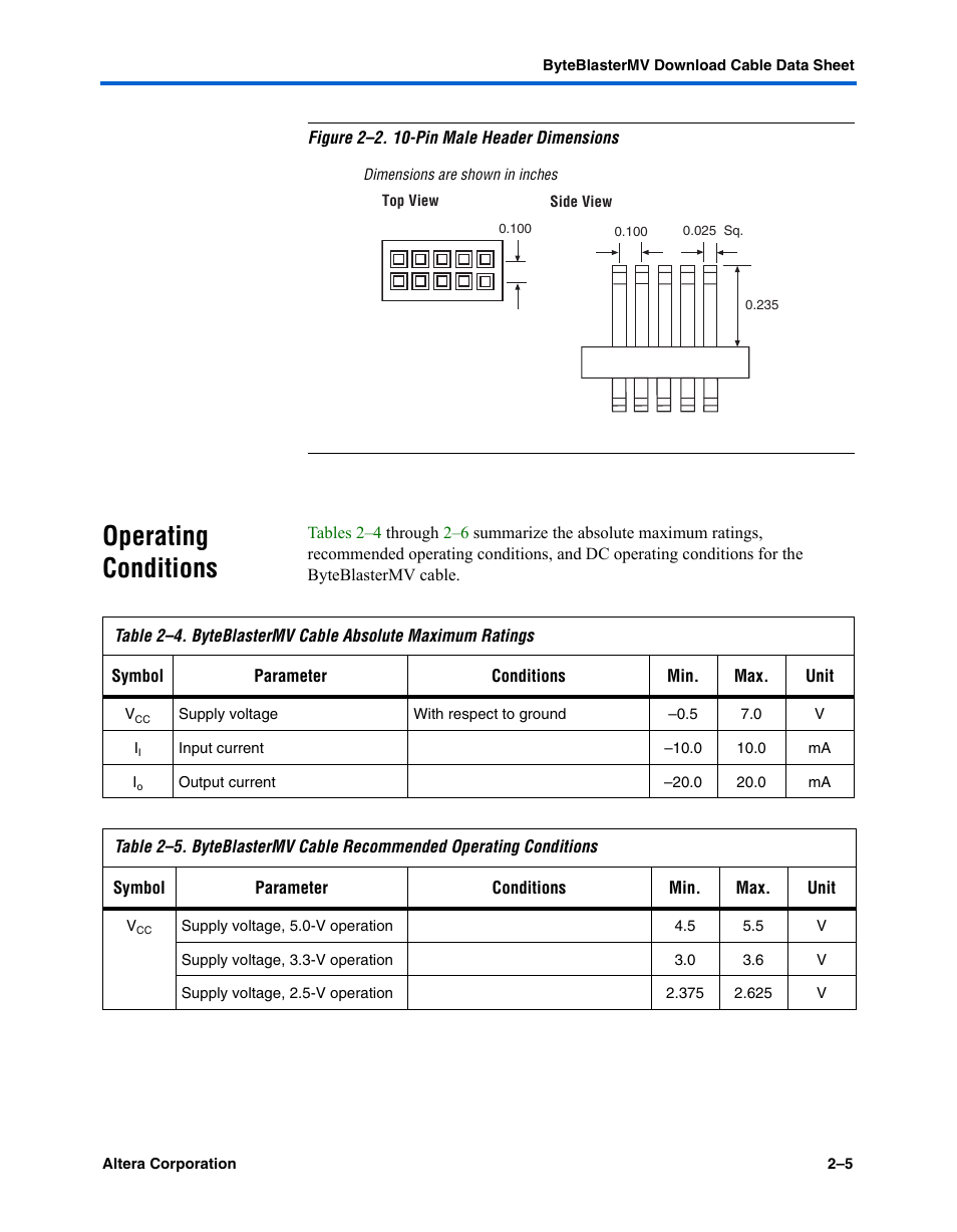 Operating conditions, Operating conditions –5 | Altera ByteBlasterMV User Manual | Page 23 / 26